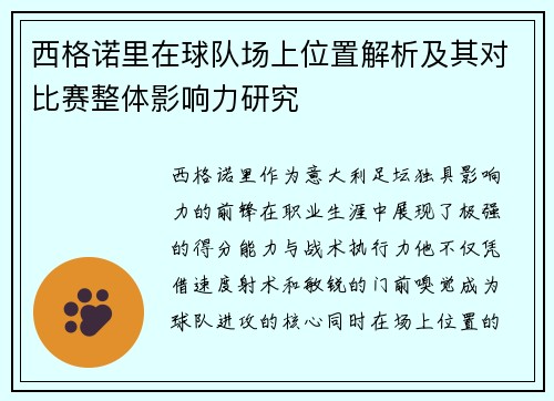 西格诺里在球队场上位置解析及其对比赛整体影响力研究